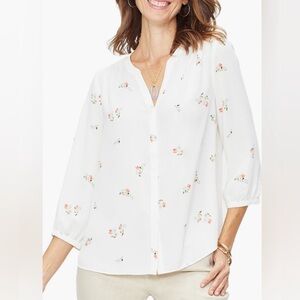 NYDJ White Pink Notched Collar Blouse with 3/4 Sleeves